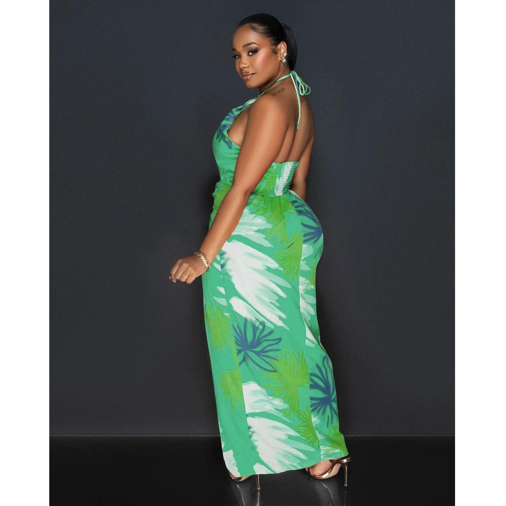 C6921 European & American Style Women's Printed Backless Lace-up Long Dress