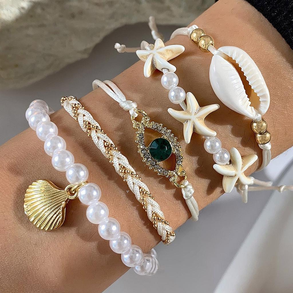 7Pcs Fashion Bohemian Shell and Starfish Beaded Bracelets Unique Bangles for Summer Elegant Beach Vacation Jewelry