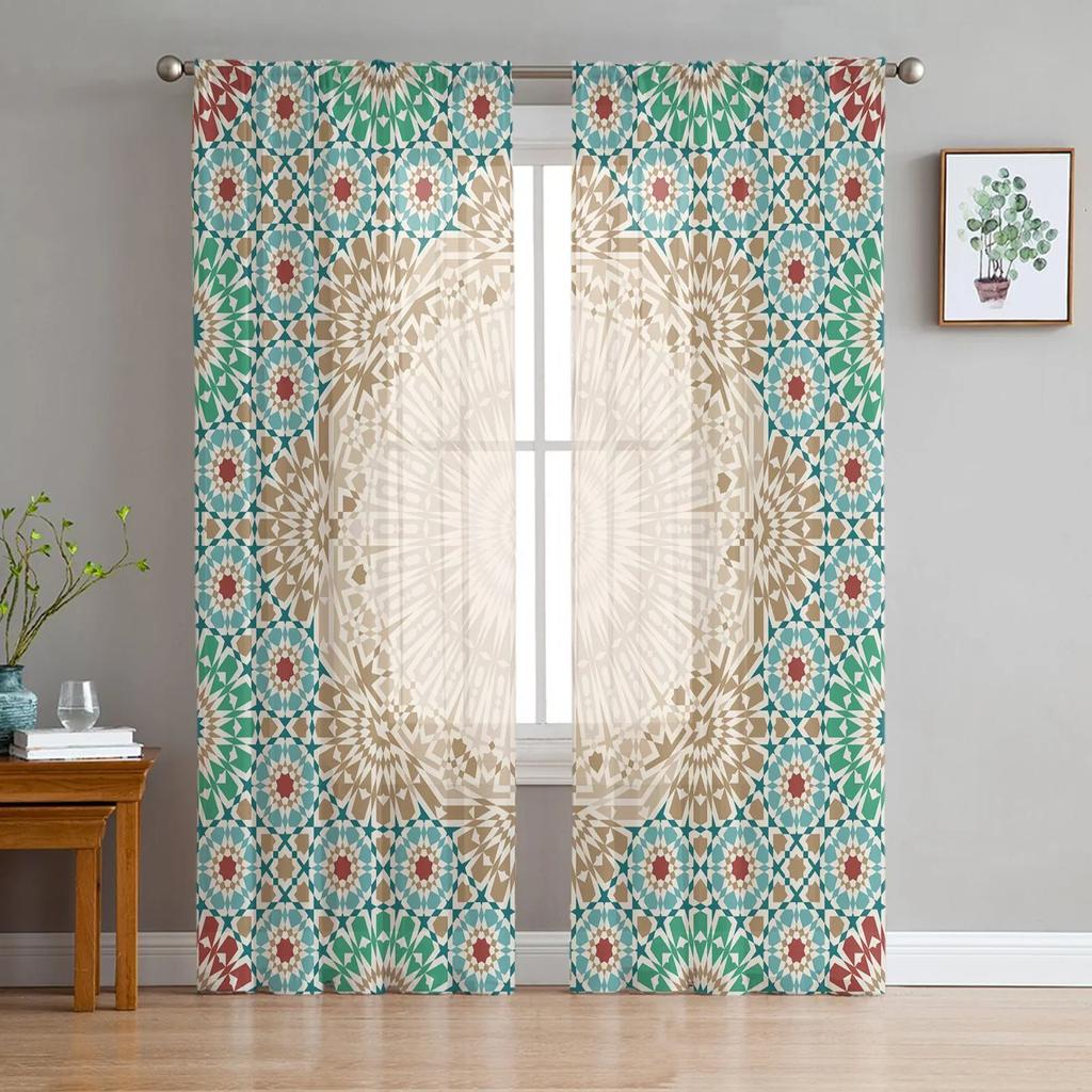 Moroccan Medieval Vintage Door Chiffon Sheer Curtains for Living Room Bedroom Home Decoration Window Voiles Tulle Drapes Curtain