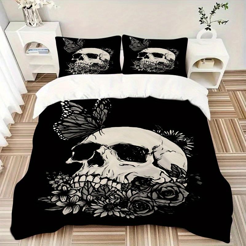 3pcs Skull Flowers Bedding Cover Set, Fashion Classic Popular Print Bedding Set, Soft Comfortable, All - Season Use, For Bedroom, Guest Room106