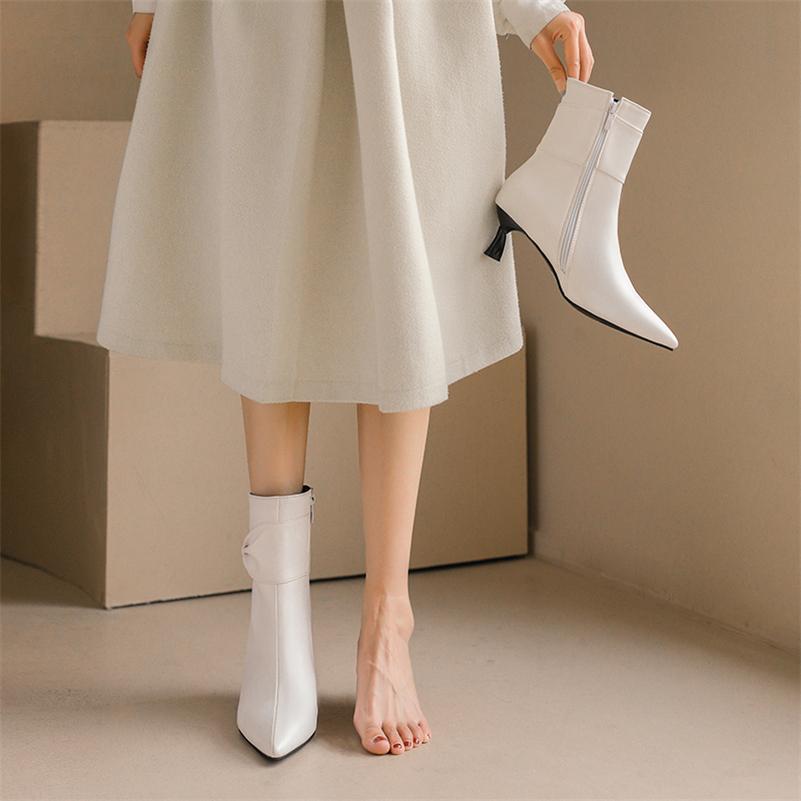 FOREADA Women Ankle Boots Pointed Toe Thin High Heels Pleated Zipper Short Boots Ladies Fashion Shoes Autumn Winter Almond 46