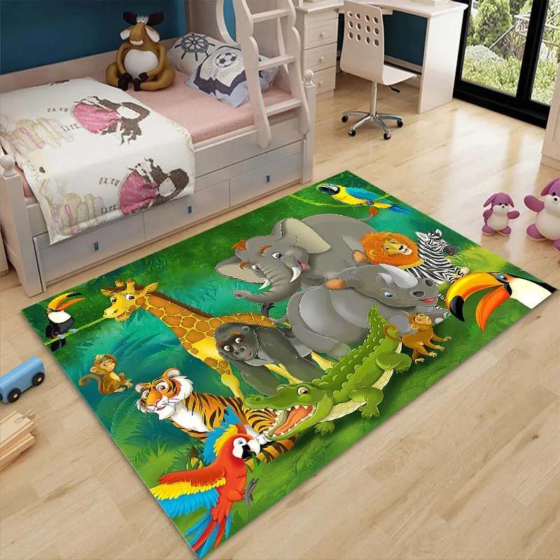 Vivid Cartoon Safari Animal Pattern Non Slip Floor Mat Durable Stain Resistant Kids Play Rug for Home Nursery Decor