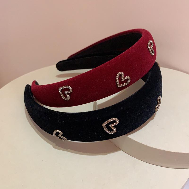 Retro Wide-brimmed Flocking Sponge Headband for Women Rhinestone Heart Headband Fashion Girls Face Washing Headband