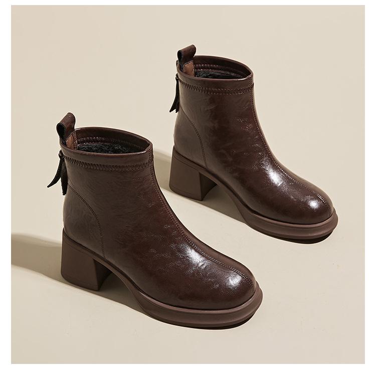 Fall/Winter Women's Thick-Soled Genuine Leather Skinny Boots, Korean-Style Back Zipper Martin Boots, Slip-On Casual Shoes