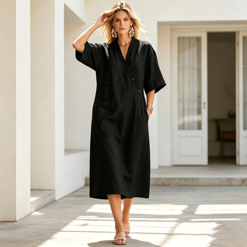 Women’s Loose Fit Linen Midi Dress V Neck Short Sleeve Button Front Casual Oversized Dress with Pockets for Everyday Wear