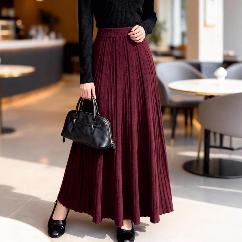 Fei Yuan Versatile Pleated Midi Skirt - Elegant Spring Style for Women Large бордовый