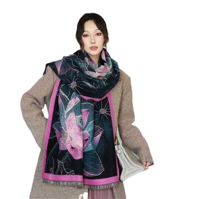 Fresh and Elegant Lotus Oil Painting Scarf Women's Winter Thickened Women's Shawl Double-sided Jacquard Imitation Cashmere Warm Scarf