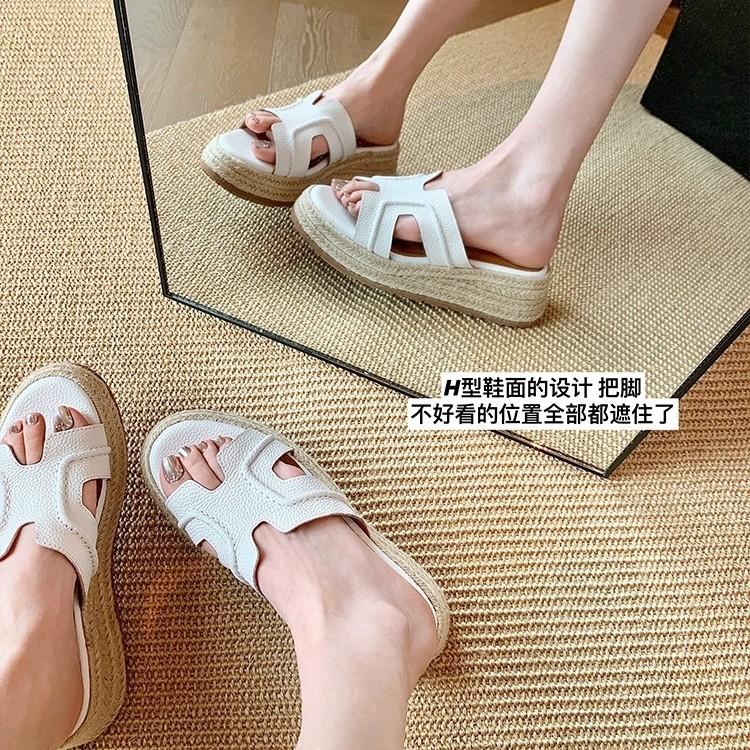 Cowhide version~ Holiday H-type hemp rope woven slippers women's outer wear slope heel thick bottom beach cool slippers summer