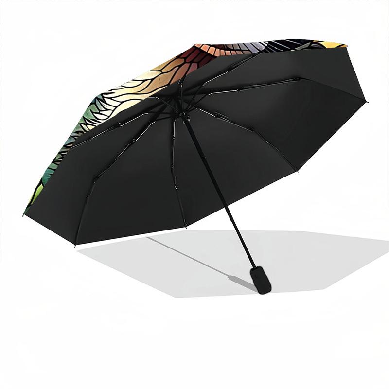 1pc Stained Glass Raccoon Auto Folding Umbrella, Sturdy And Durable Automatic Folding Umbrella with 8 Ribs, Convenient for Outdoor Use075