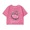 Women Cotton Crop Washed T-Shirts Street Life Women'S Heart Slogan Prints Tops Oversize O-Neck Distressed Clothes