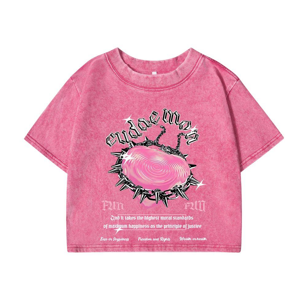 Women Cotton Crop Washed T-Shirts Street Life Women'S Heart Slogan Prints Tops Oversize O-Neck Distressed Clothes