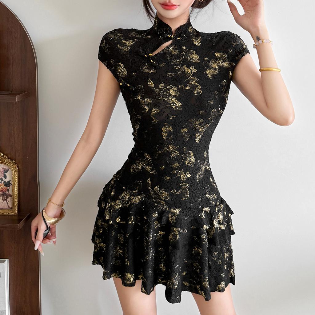 2026 European and American summer new black and gold retro cheongsam collar light luxury temperament elegant imperial sister style dress