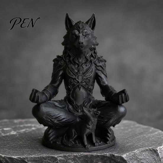 Meditation Figurine 3D Printed Gothic Werewolf Statue, Zen Beast Warrior Sculpture with Round Frosted Paint Statue Base, Matte Black Fantasy