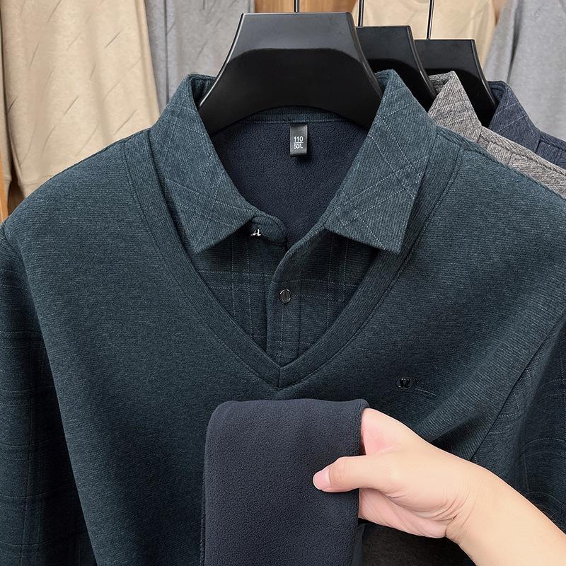 Dicker Samt-Strick-Pullover mit Revers für Männer mittleren Alters und ältere Männer - Stilvoller Zwei-in-Eins Winterpullover