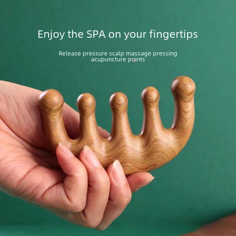 One Piece Gold Sandalwood Five-Tooth Massage Comb for Head and Meridian Stimulation.