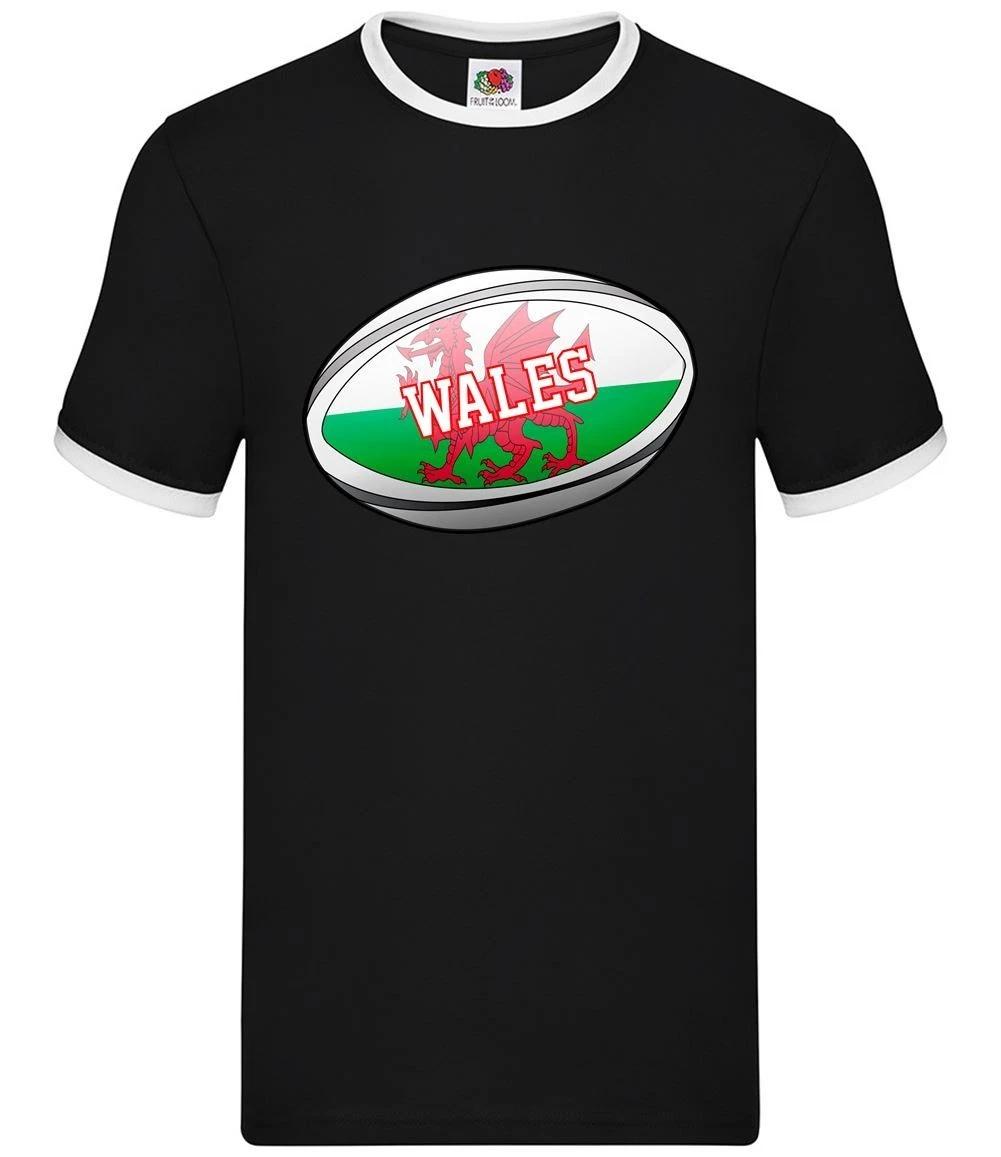 Welsh Flag Rugby Ball - Mens Ringer - Wales Dragons League Union Fan XL