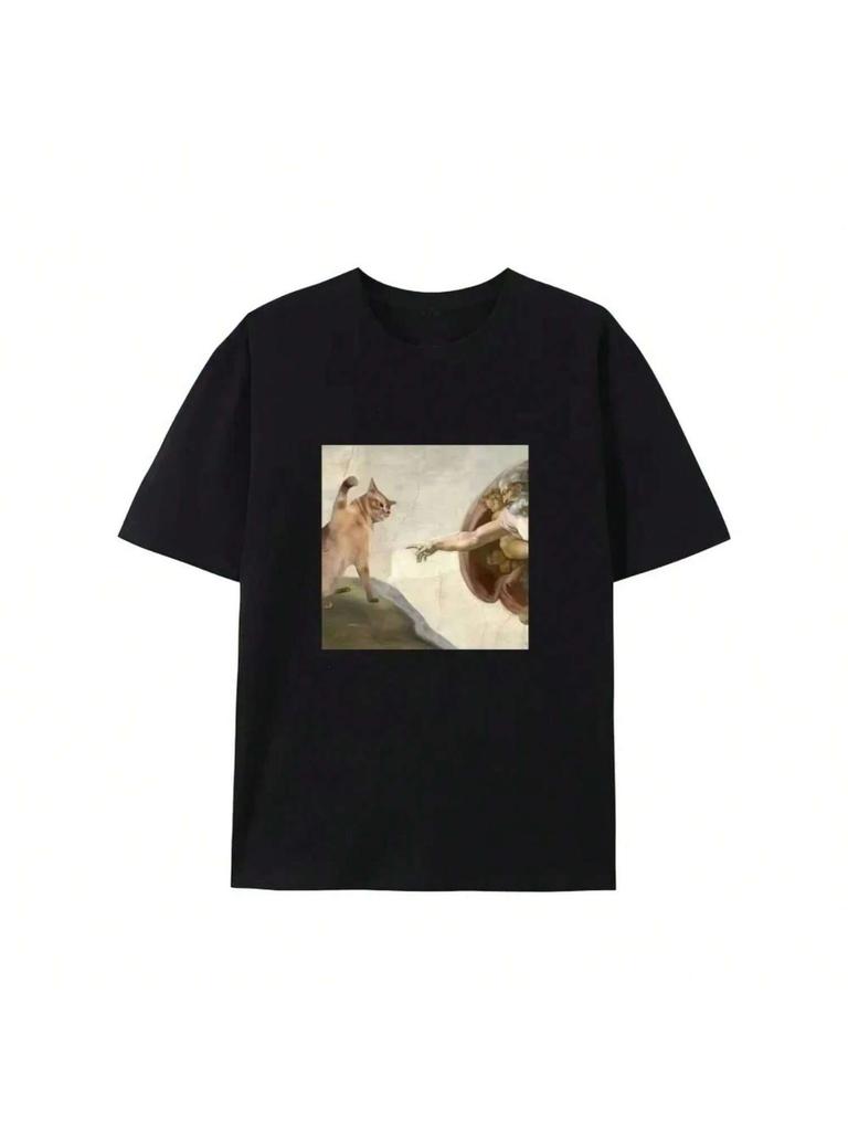 Humoristisch Kat En Adam Schepping Parodie Grafisch T-shirt Casual T-shirt Pasvorm Korte Mouw Voor Zomer Casual Mode Top Wo'unisex Kleding