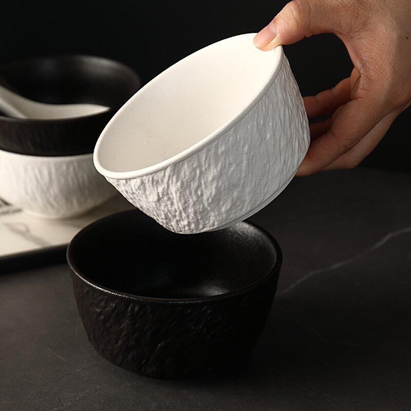 Rock Patterned Frosted Ceramic Tableware, Soup Bowls, Dessert Plates, Household Rice Bowls, Solid Color Threaded Salad Bowls