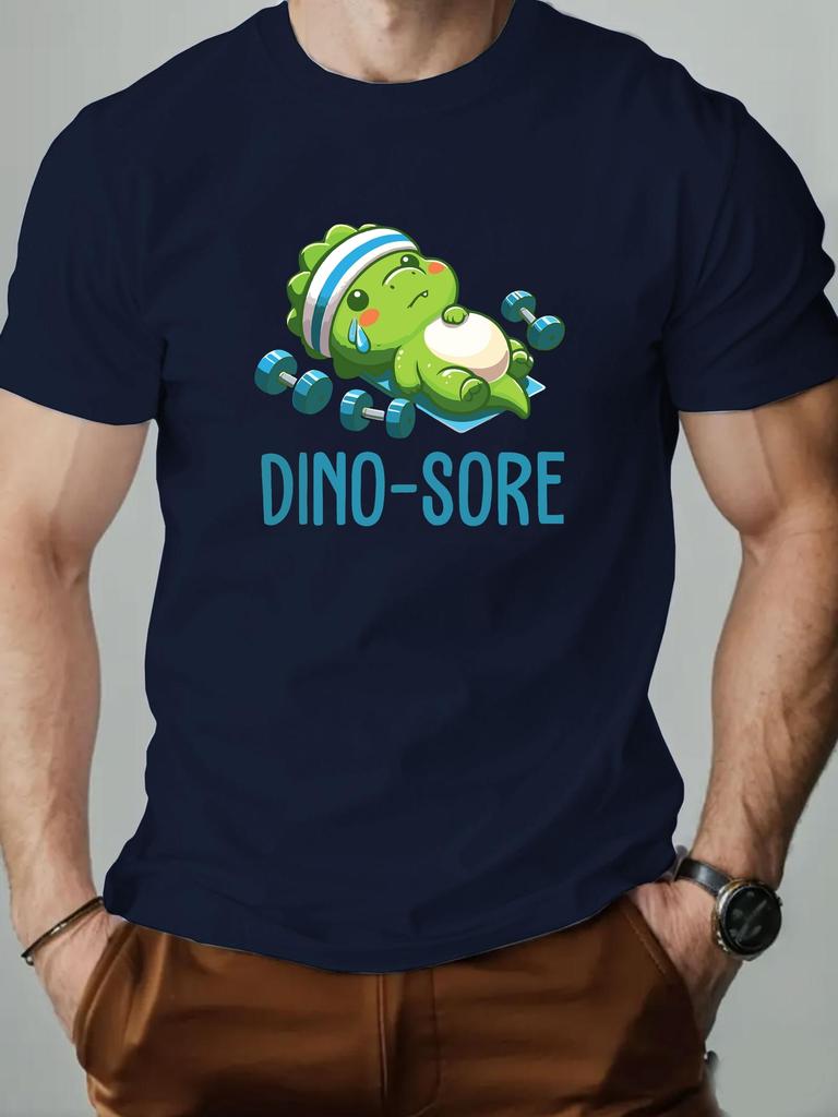 Men's Short Sleeve T-Shirt Cute Dino Sore Cartoon Dinosaur Fitness Graphic Print Weightlifting Theme Casual Streetwear Top