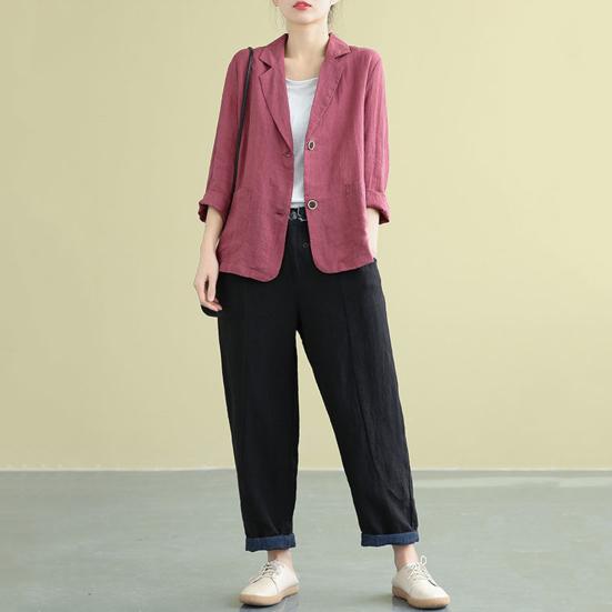 Bomull Linfrakk for Kvinner Vintage Langermet Blazerjakke Casual Revers 2 Knapper Tynn Frakk med Lommer