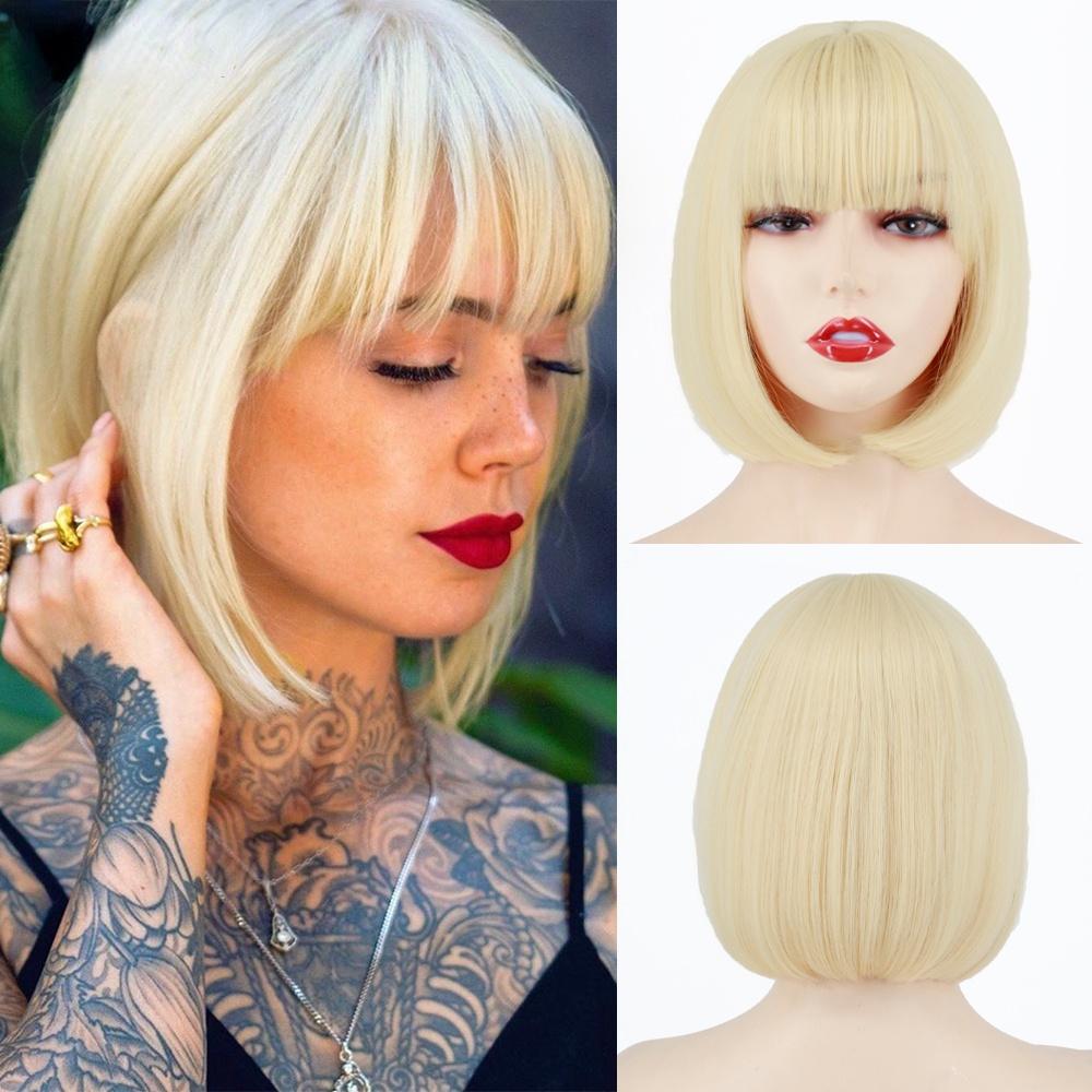 MERISIHAIR Short Bob Wig with Bangs Pure Color Black Brown Wig for Women Synthetic Wigs for Lolita Party Cosplay Daily Use