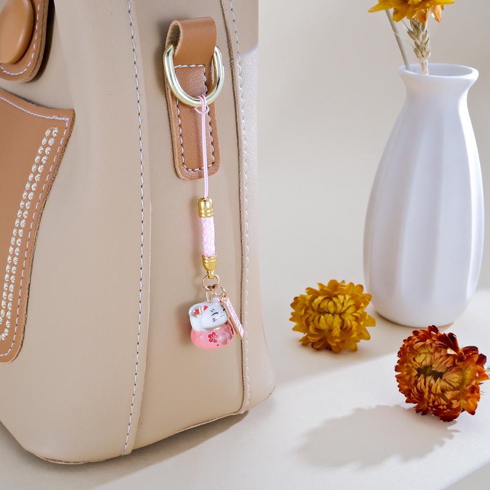 Chinese Ceramic Lucky Cat Phone & Bag Charm Lanyard