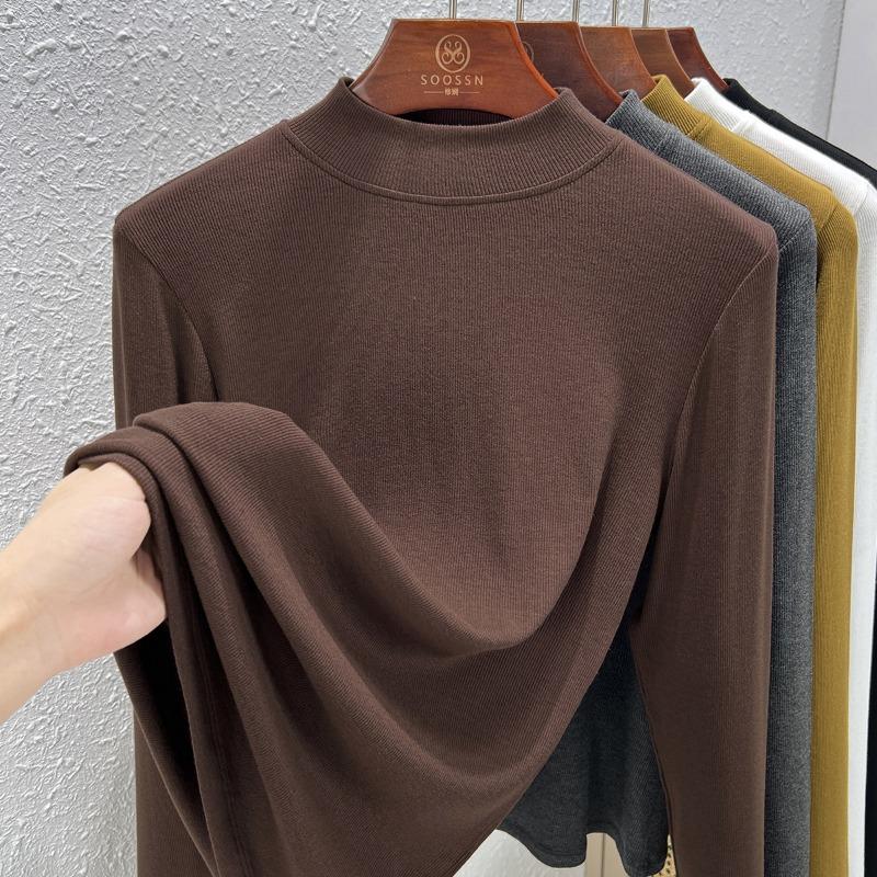 

Женская базовая водолазка с маленьким воротником-стойкой, весенне-осенняя новинка, универсальная облегающая футболка с длинным рукавом XXXL кофейный