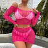Women Fishing Net Sexy Babydoll Lingerie Rhinestone Studded Cut-out Tight Skirt Suit Swimsuit Blouse