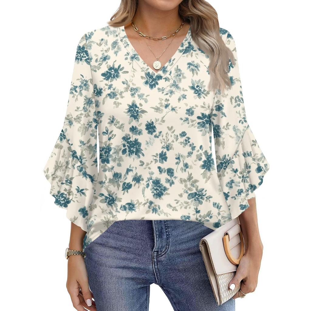 Blouses For Women Dressy Casual 3/4 Length Sleeve Womens Tops V Neck Tshirts Shirts With Flared Sleeve