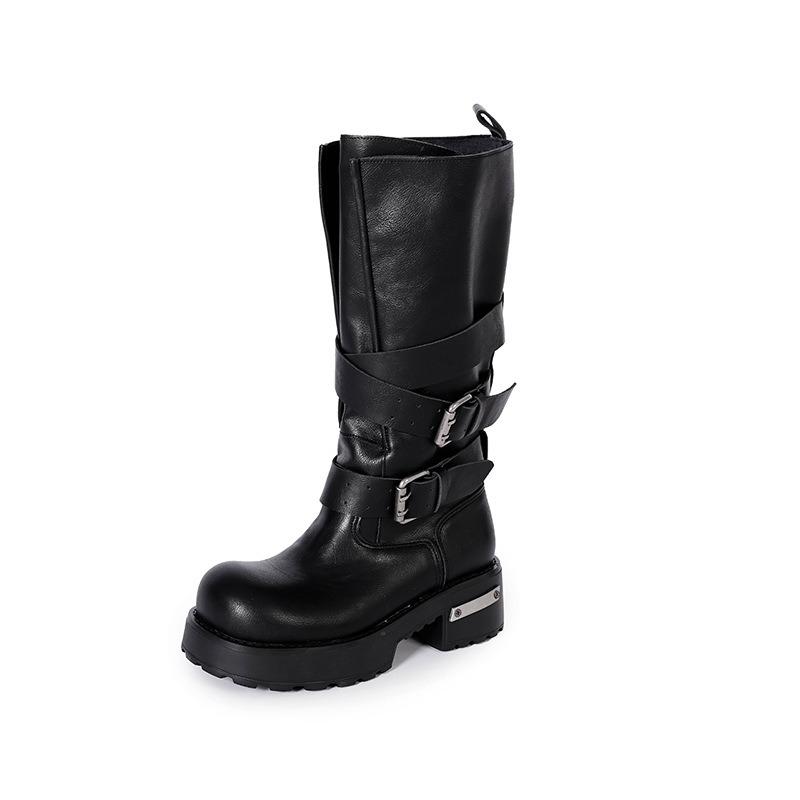 Retro belt buckle venom boots summer new bundle mouth big tube circumference thick bottom heightening punk locomotive boots
