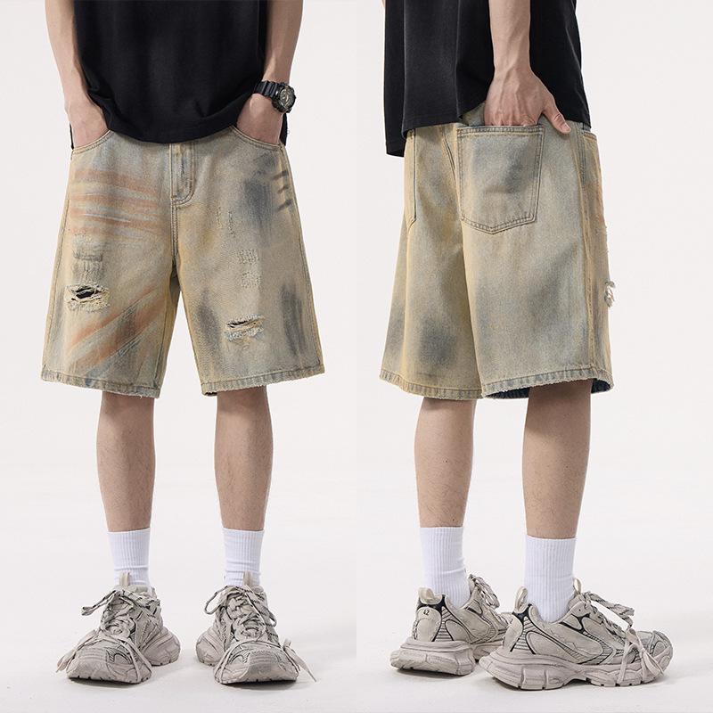 Washed Antique Ripped Straight Jeans Five-point Pants Vintage Style Mens Summer Straight Thin Short Pants