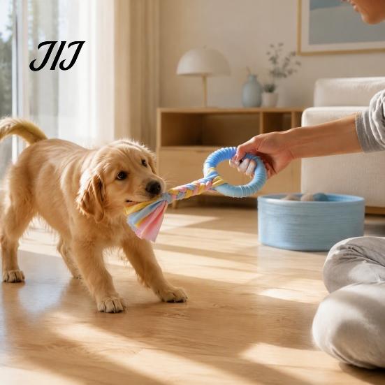 Interactive Tug Toys for Pets Dog Tug-of-War Toy, Rubber Ring with Braided Cloth Strips, Strips Toy Chew Small to Medium Dogs, Teeth Cleaning
