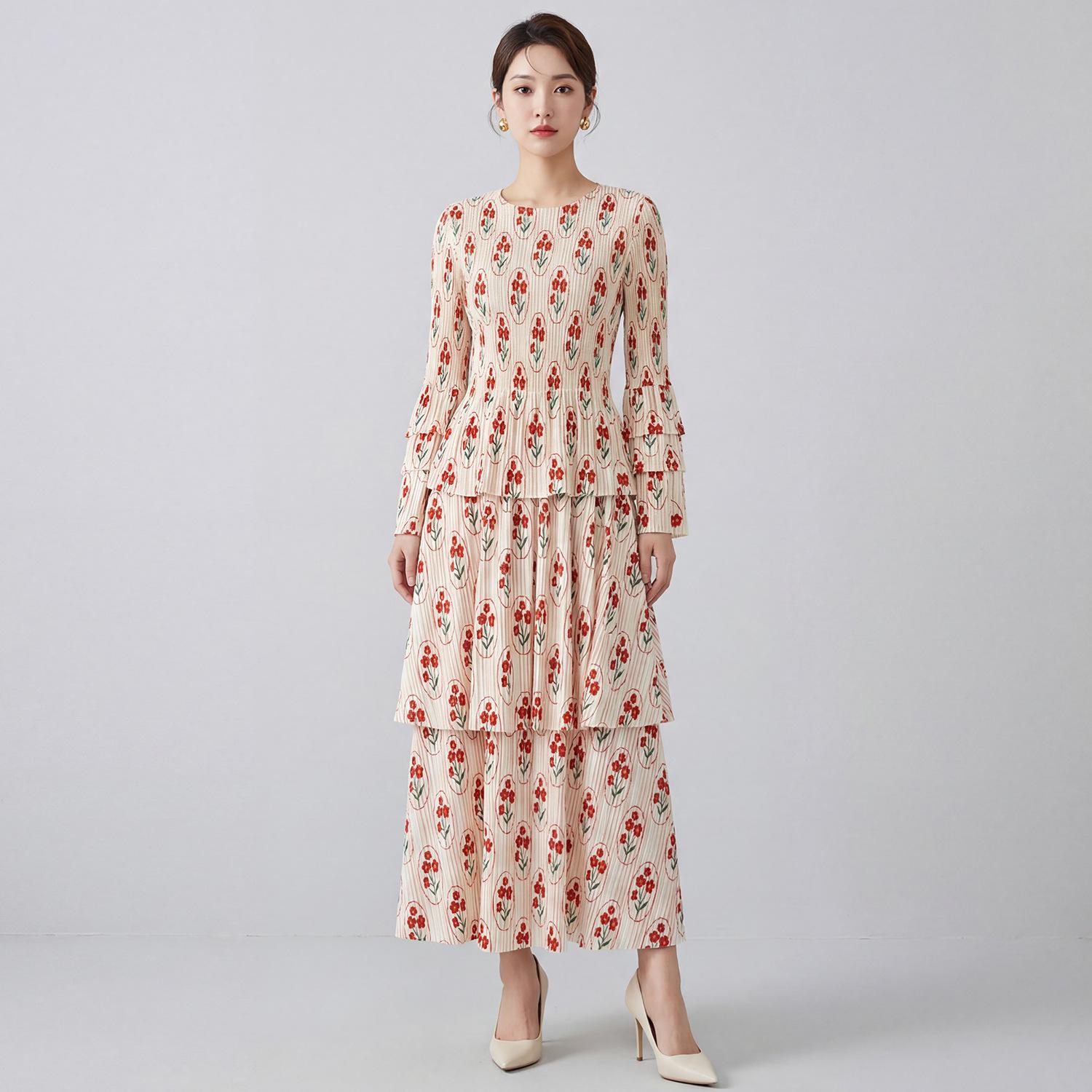 Women s Elegant Floral Spring Dress 2026 - New Design Long Miyake Cake Skirt One Size красный