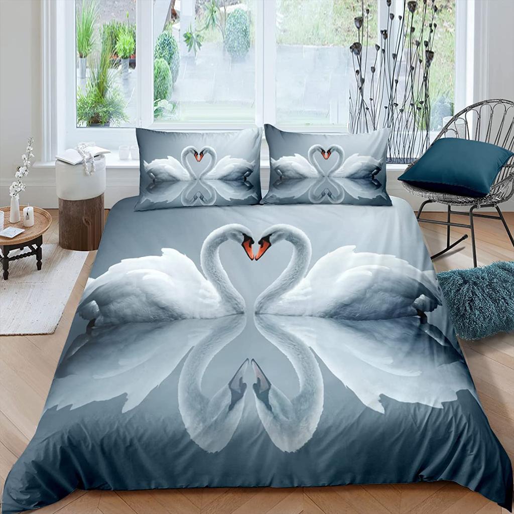 Swan Duvet Cover Black And White Swan Duvet Cover Queen Bird Comforter Cover Microfiber Romantic Flower Wild Animals Quilt Cover