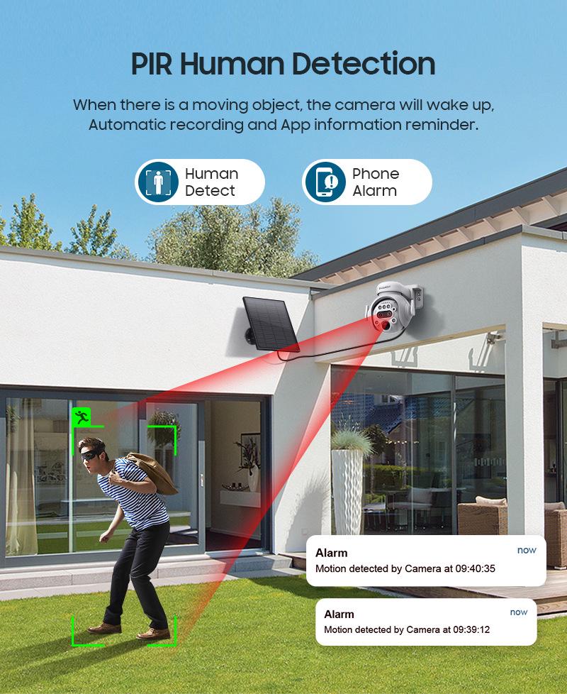 Solar-Powered 6MP HD Camera, 12x Zoom, PTZ, Full-Color Night Vision for Outdoor Monitoring.