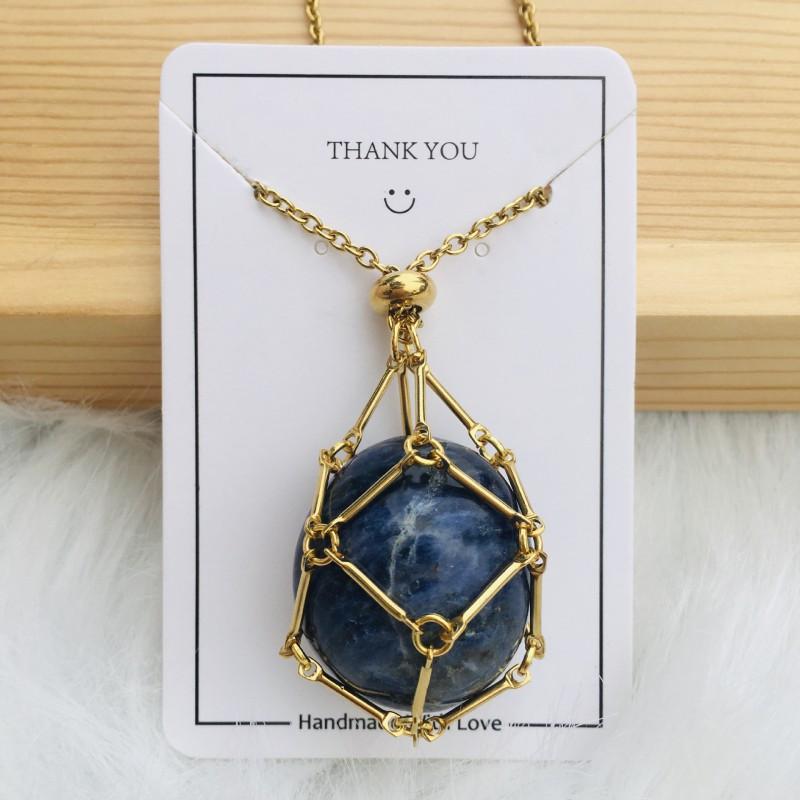 Adjustable Bamboo Link Chain Necklace With Handwoven Crystal Mesh Pendant Natural Gemstone Boho Choker Women Men
