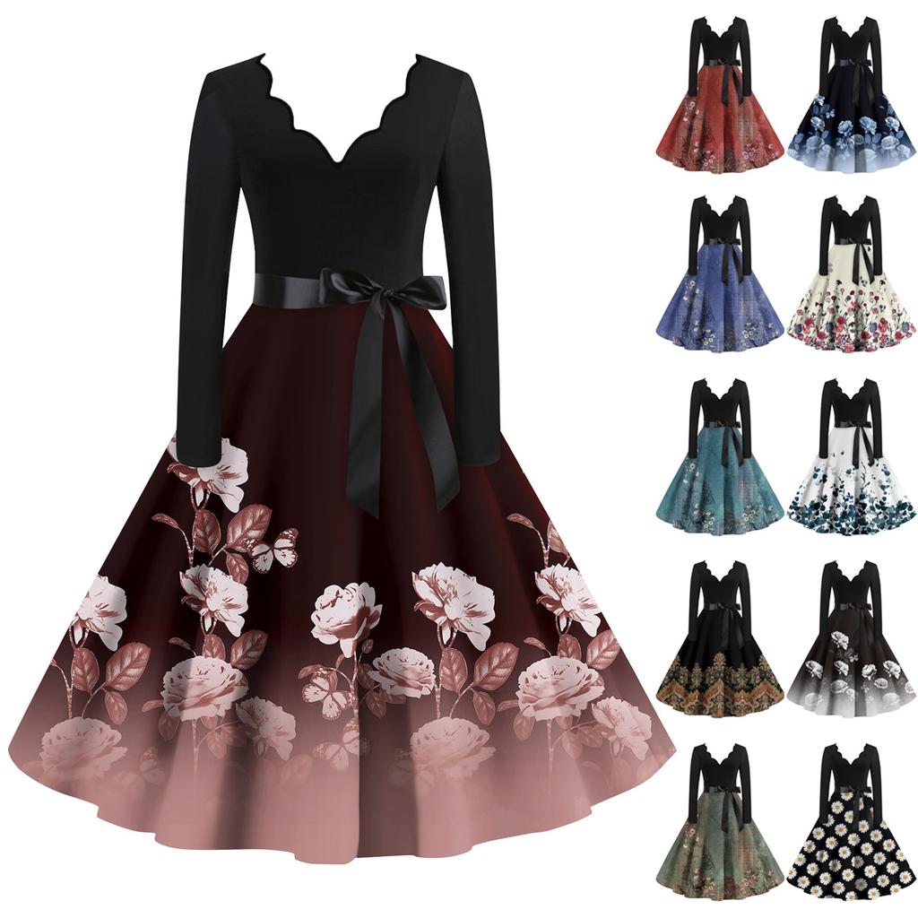 Women's Casual Fashion Long Sleeve Retro Graphic Printed Vintage Long Dresses