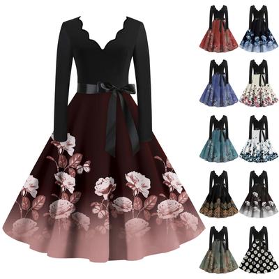 Women's Casual Fashion Long Sleeve Retro Graphic Printed Vintage Long Dresses