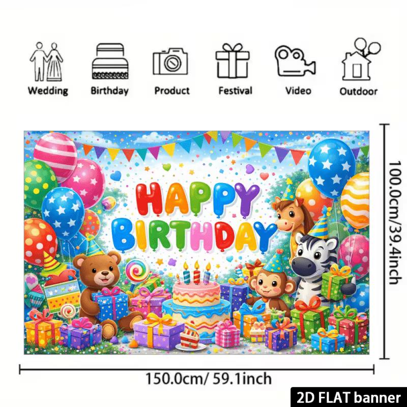 2D Cartoon Animal Birthday Banner Backdrop Kids Bright Colorful Happy Birthday Party Decor Background