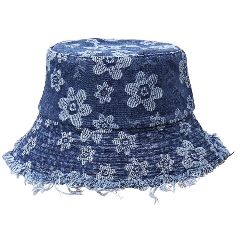 Stylish Distressed Trim Flower Print Fisherman Hat Breathable Bucket Hat for Spring Autumn Daily Outfit Fashion Headwear
