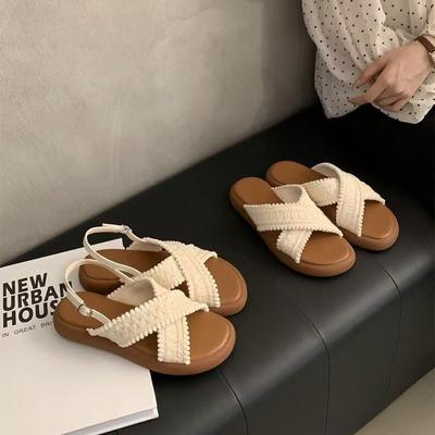 Dicksohlige Sandalen mit flacher Sohle Damen 2025 neu vielseitig retro ethnisch Fee Abendwind Strand Außen Hausschuhe Sandalen