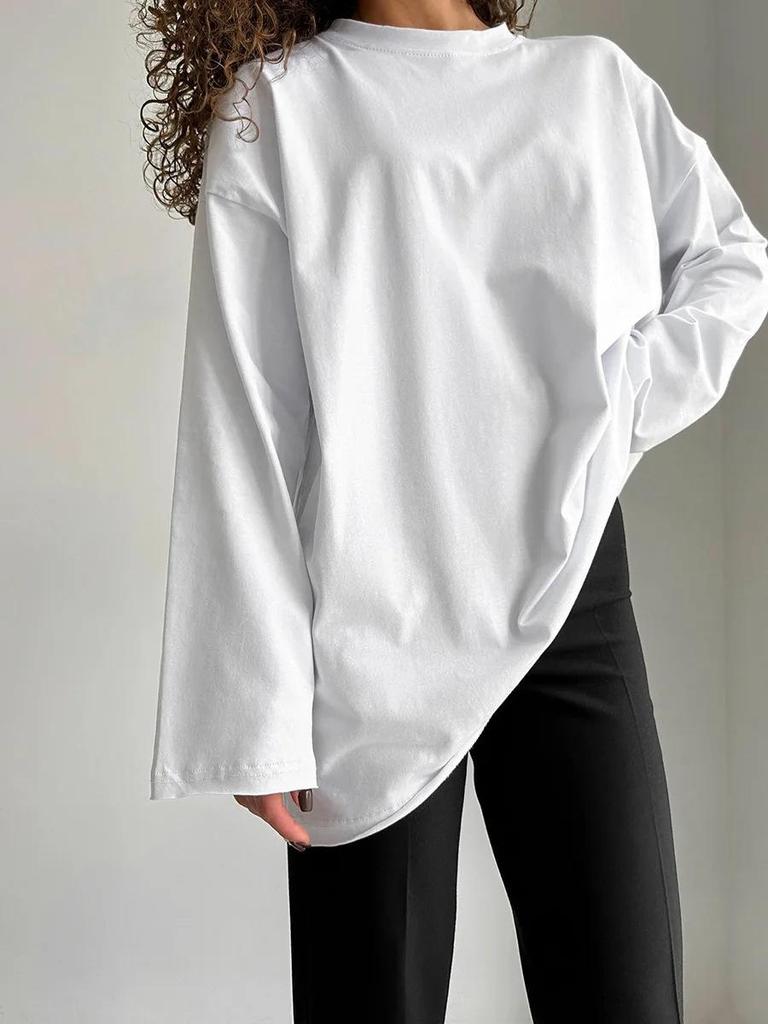 Frühling 2024 Damen reines Baumwoll-T-Shirt mit lockerem Schnitt und langen Ärmeln - GUIYAKECOOL