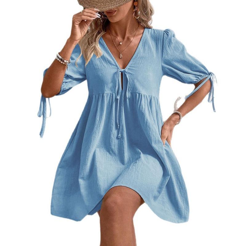 Women Elegant Loose Deep V Neck Lace Up A Line Woven Midi Dress
