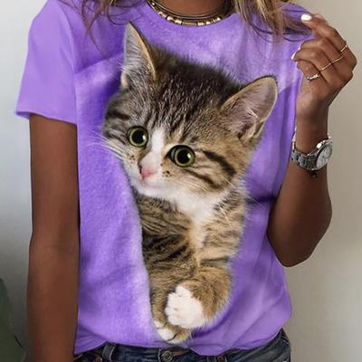 Yaz Yuvarlak Yaka 3D Kedi Baskılı Üst Moda Günlük Kısa Kollu Kadın Tişörtleri