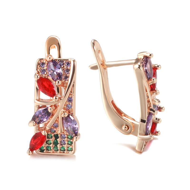 Retro literary rose gold earrings, women s color zircon earrings, niche light luxury ear buckles