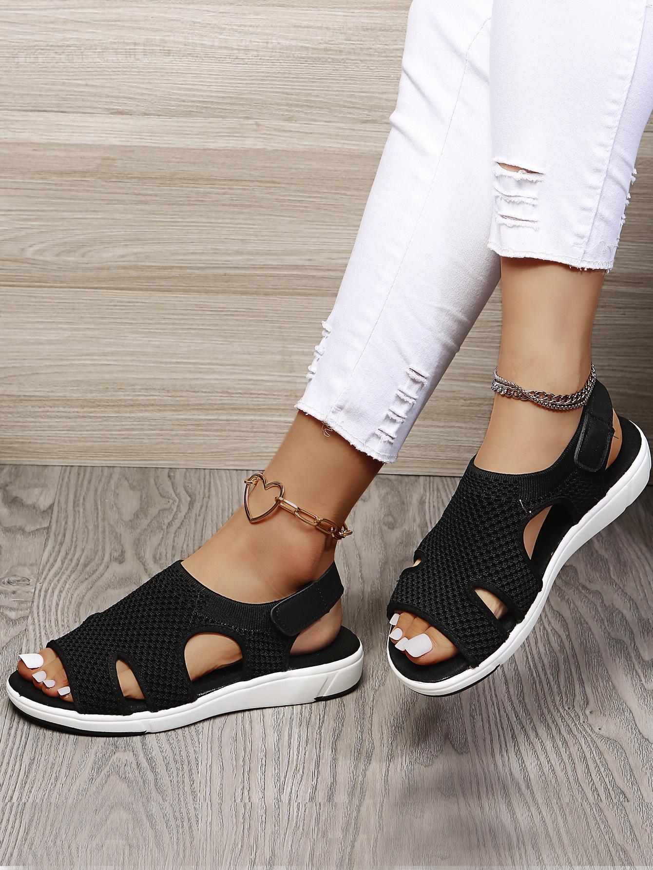 

Popular fly-woven sandals casual fish mouth single shoes women s shoes rubber one-word buckle big goods sandals 35 чёрный