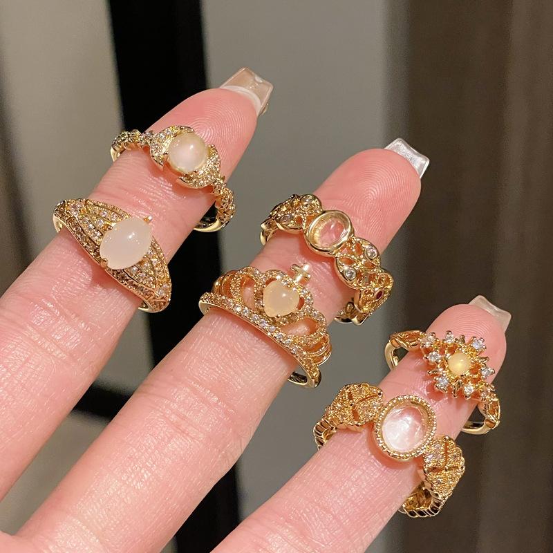 Medieval Retro Moonstone Imitation Opal Exquisite Open Ring Fashionable Zircon Light Luxury High-End Accessories