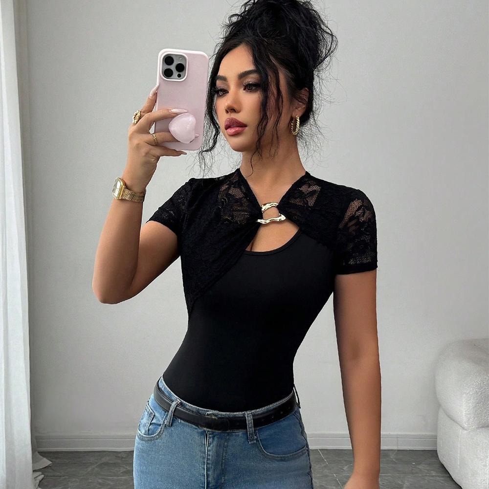 Summer Going Out Tops Women Cutout Tie Front Cap Sleeve Slim Crewneck Crop Keyhole Baby Tee Y2k Sexy Shirt Streetwear