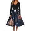 Women's Retro V-Neck Christmas Dress with Snowflake and Christmas Tree Print, Vintage A-Line Dress for Holiday Party