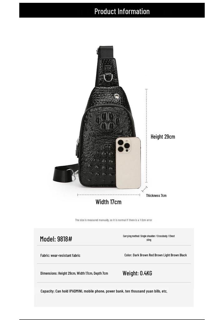 Men's Retro Crocodile Pattern Chest Bag - Large Capacity European and American Style Crossbody & Shoulder Bag.